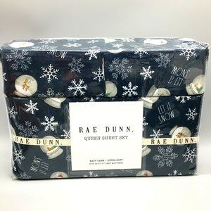 Rae Dunn Christmas LET IT SNOW Sheet Set Snowflakes Reindeer Snowman Snow Globes